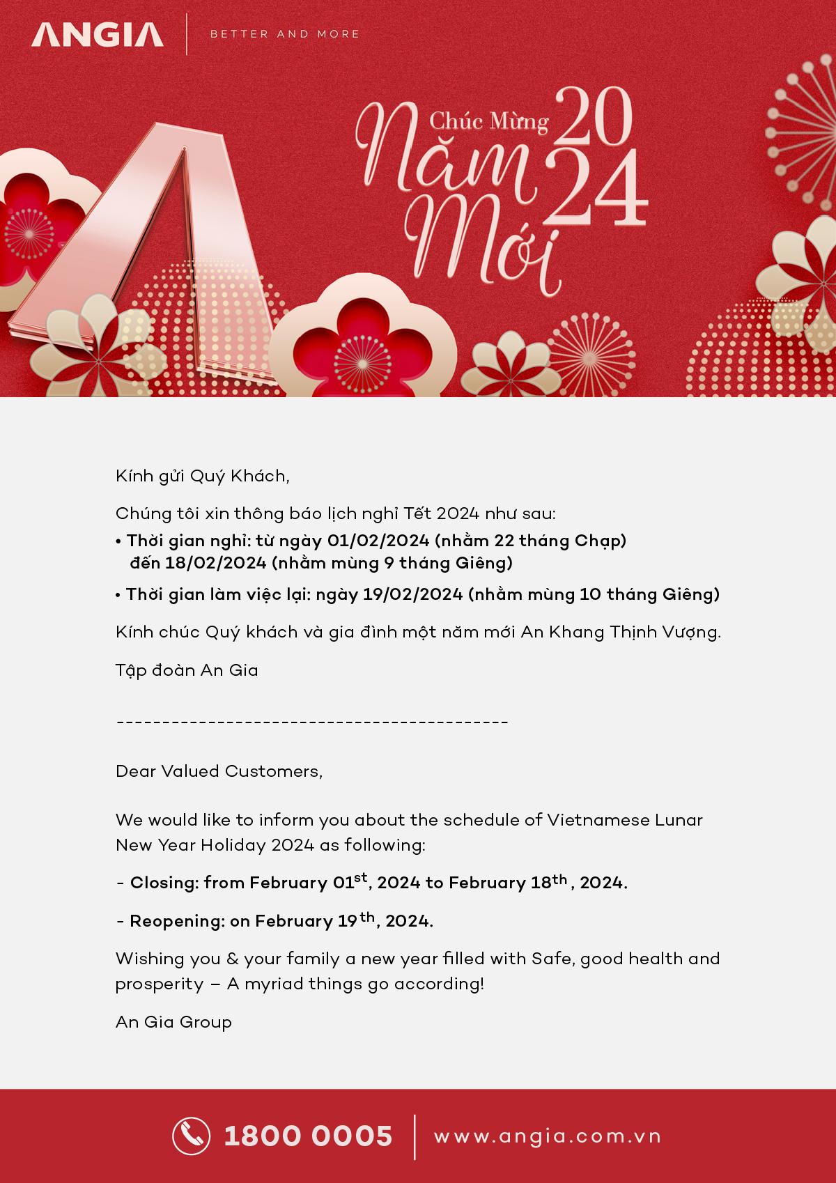 THÔNG BÁO LỊCH NGHỈ TẾT NGUYÊN ĐÁN 2024